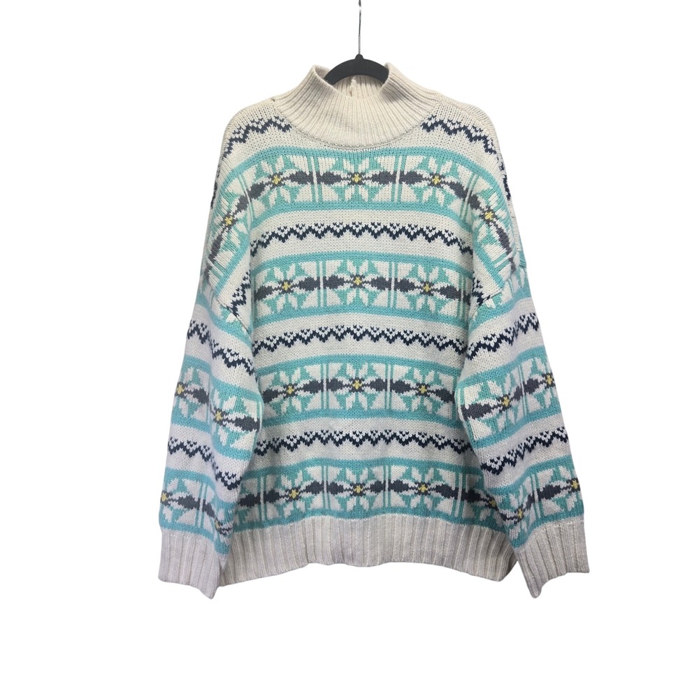 American Eagle Womens Fair Isle Mock Neck Sweater Teal Cream Oversized Large